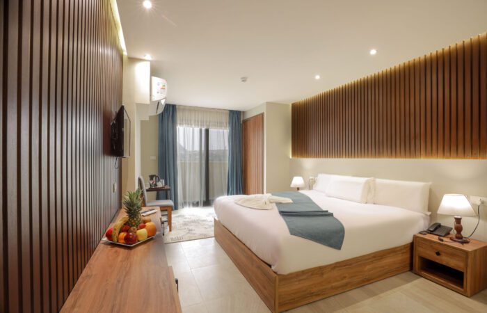 Modern hotel room with a large bed, wood-paneled walls, and a balcony with Pyramids View